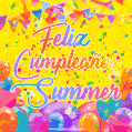 A bright and festive GIF with the text 'Feliz Cumpleaños Summer' in Spanish in colorful fonts, surrounded by confetti, balloons, and festive banners on a vibrant yellow background.