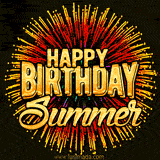 Golden 'Happy Birthday Summer' text accompanied by animated rainbow fireworks for a festive animated greeting.