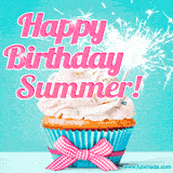 A festive cupcake with pink icing, a gingham bow, and a lit animated sparkler, paired with 'Happy Birthday Summer!' in bright pink text.