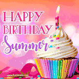 A vibrant birthday GIF featuring a rainbow-colored cupcake topped with white frosting, sprinkles, and a lit candle. The text reads 'Happy Birthday Summer' in bold pink and violet letters with white outline.