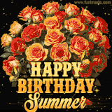 Animated bouquet of orange roses with moving butterfles and golden 'Happy Birthday Summer' text, surrounded by sparkling accents and a dark backdrop for a luxurious feel.
