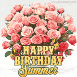 Golden 'Happy Birthday Summer' text beneath a vibrant bouquet of orange roses, complete with glittering butterflies and sparkling details.