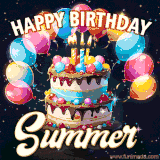 Bright birthday animation for Summer with a chocolate cake, candles, balloons, and glowing celebratory lights.