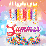 A cheerful white birthday cake with multicolor sprinkles, lit candles, and 'Summer' written in vibrant letters, in an animated GIF.