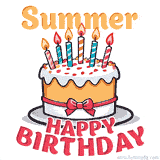 Cartoon birthday cake with a red bow, glowing candles, and 'Summer Happy Birthday' text in bold animated style.