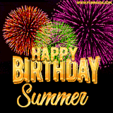 A golden 'Happy Birthday Summer' message with vibrant fireworks in the background, creating a festive and celebratory vibe in this animated name GIF.