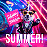 Animated GIF of a cool dog wearing a suit and sunglasses, holding a 'Happy Birthday' sign for Summer, set against a bright and colorful neon party background.