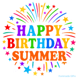 Happy Birthday Summer' GIF with rainbow-colored letters, colorful stars, and fireworks on white background.