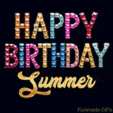 Vibrant luxury birthday greeting card for Summer, showing glittering gemstone letters and golden calligraphy on a dark background with twinkling shine effects.