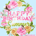 A charming animated GIF featuring 'Happy Birthday Summer' in pink and green text, surrounded by delicate roses, leaves, and fluttering butterflies on a soft light blue pastel background.