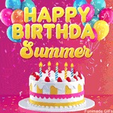 Pink-themed animated greeting with balloons, confetti, and a frosted cake under the message 'Happy Birthday Summer' in bold rounded yellow font.