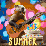 Animated birthday GIF showing a capybara playing guitar and singing beside a birthday cake with the name Summer in large letters and colorful bokeh lights in the background.