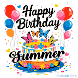 An animated birthday card for Summer. It features a festive cake with her name, 'Summer', and colorful butterflies. Floating balloons and hearts complete the joyful scene.