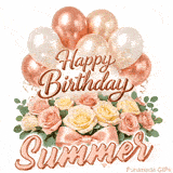 Elegant animated Happy Birthday Summer image featuring soft pink roses and balloons