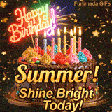 Glowing pink neon light topper saying Happy Birthday on a chocolate cake with the name Summer! on the front.