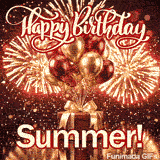 Shiny metallic balloons in gold and red floating above a red gift box with Summers name in bold lettering at the bottom.
