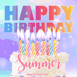 A vibrant animated name GIF with the words 'Happy Birthday Summer' with colorful candles on a creamy cake. The background sparkles with pastel shades, adding a festive touch.