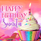 A vibrant birthday GIF featuring a rainbow-colored cupcake topped with white frosting, sprinkles, and a lit candle. The text reads 'Happy Birthday Sunita' in bold pink and violet letters with white outline.