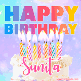 A vibrant animated name GIF with the words 'Happy Birthday Sunita' with colorful candles on a creamy cake. The background sparkles with pastel shades, adding a festive touch.