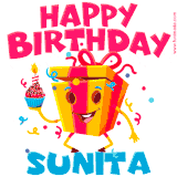 A vibrant and funny gift box character with a happy face dancing with a cupcake and the text 'Happy Birthday Sunita,' surrounded by animated confetti and party vibes.