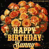 Animated bouquet of orange roses with moving butterfles and golden 'Happy Birthday Sunny' text, surrounded by sparkling accents and a dark backdrop for a luxurious feel.