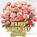 Birthday wishes to Sunny with a charming GIF featuring pink roses, butterflies and golden quote