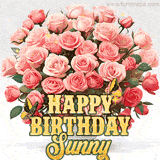 Golden 'Happy Birthday Sunny' text beneath a vibrant bouquet of orange roses, complete with glittering butterflies and sparkling details.