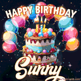 Bright birthday animation for Sunny with a chocolate cake, candles, balloons, and glowing celebratory lights.