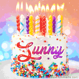 A cheerful white birthday cake with multicolor sprinkles, lit candles, and 'Sunny' written in vibrant letters, in an animated GIF.