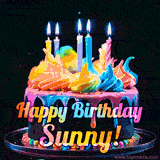 A mesmerizing animated cake with multicolor frosting and candles, and the words 'Happy Birthday Sunny' on the black background.