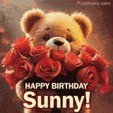 Cinematic style cute animated teddy bear with charming features holding a large bouquet of red roses, the words say 'Happy Birthday Sunny' in sans serif font.