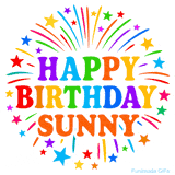 Happy Birthday Sunny' GIF with rainbow-colored letters, colorful stars, and fireworks on white background.