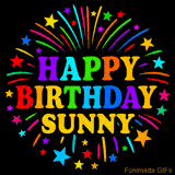 Personalized greeting card with name, colorful text that says 'Happy Birthday Sunny' surrounded by animated fireworks and multicolor stars
