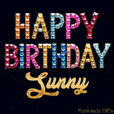 Vibrant luxury birthday greeting card for Sunny, showing glittering gemstone letters and golden calligraphy on a dark background with twinkling shine effects.