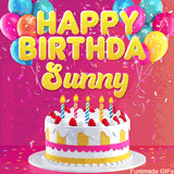 Pink-themed animated greeting with balloons, confetti, and a frosted cake under the message 'Happy Birthday Sunny' in bold rounded yellow font.