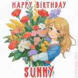 Bright floral birthday animation for Sunny showing a cute cartoon girl with golden hair and expressive eyes holding a huge bouquet, surrounded by birthday text.