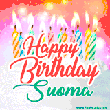 Bright birthday candles with rainbow flames on a cake, alongside the text 'Happy Birthday Suoma' in vibrant script in this celebratory animated GIF.