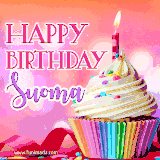 A vibrant birthday GIF featuring a rainbow-colored cupcake topped with white frosting, sprinkles, and a lit candle. The text reads 'Happy Birthday Suoma' in bold pink and violet letters with white outline.