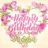 A stunning heart made of pink roses surrounds the elegant script text 'Happy Birthday Suoma' on a soft beige background. Animated sparkles add a magical and festive feel.