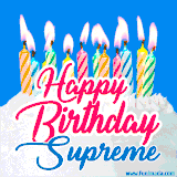 A cheerful animated GIF featuring colorful lit birthday candles on a white cake, with the text 'Happy Birthday Supreme' in bold red and blue script on a bright blue background.