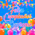 A vibrant animated GIF with 'Feliz Cumpleaños Supreme' written in colorful script, surrounded by balloons, confetti, and bunting on a bright blue background.