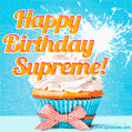 A cheerful animated GIF of a cupcake with creamy frosting, a red checkered ribbon, and a bright sparkler on top. The text 'Happy Birthday Supreme!' is displayed in vibrant orange and red.