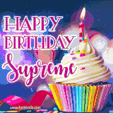 A festive animated GIF featuring a colorful cupcake with a single lit candle, sprinkles, and 'Happy Birthday Supreme' text against a sparkling, celebratory background.