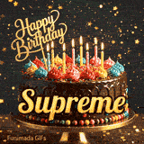 Gold Happy Birthday topper and bright burning candles on a chocolate frosted cake with the name Supreme.