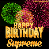 A captivating GIF with bursts of green, pink, and orange fireworks lighting up the night sky, accompanied by 'Happy Birthday Supreme' in glowing golden text.