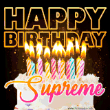 A vibrant animated GIF featuring a delicious birthday cake topped with glowing candles and the name 'Supreme' in elegant script, and the words 'Happy Birthday' on the black background.