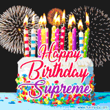 A lively happy birthday animated GIF showcasing a colorful birthday cake covered in sprinkles, topped with glowing candles, and surrounded by vibrant fireworks. The name 'Supreme' is featured in elegant script.