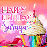 A vibrant birthday GIF featuring a rainbow-colored cupcake topped with white frosting, sprinkles, and a lit candle. The text reads 'Happy Birthday Suraya' in bold pink and violet letters with white outline.