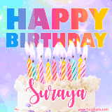 A vibrant animated name GIF with the words 'Happy Birthday Suraya' with colorful candles on a creamy cake. The background sparkles with pastel shades, adding a festive touch.