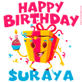 A vibrant and funny gift box character with a happy face dancing with a cupcake and the text 'Happy Birthday Suraya,' surrounded by animated confetti and party vibes.